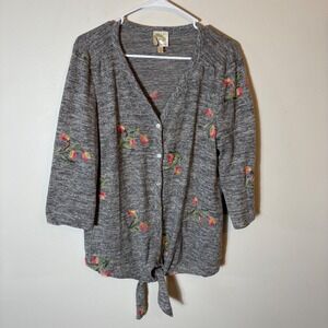 Fig and Flower Floral Embroidered‎ Tie-Front Cardigan Top Heather Gray 1X